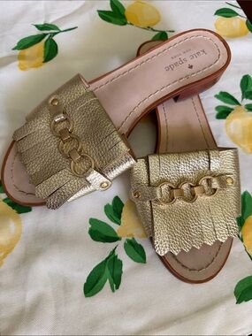 kate spade Gold Leather Fringe Slide Mules with Chain Detail